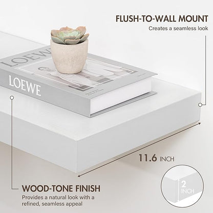 Acovy 36 Inch Floating Shelves, 12" Deep Floating Shelf Wall Mounted, 36" Wall Shelves, Rustic Deep Bookshelf, Extra Deeper & Thicker Display Shelves for Bedroom, Living Room, White, Set of 2