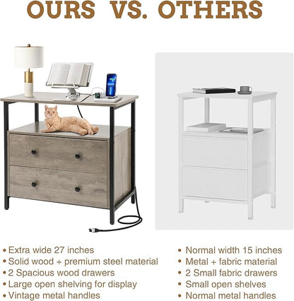 27 inch Wide Night Stand Set 2 with Charging Station, Bedside Table with Open Shelf, 2 Drawers Small Wood Dresser, Modern Wood Nightstand for Bedroom/Living Room (Rustic Gray)