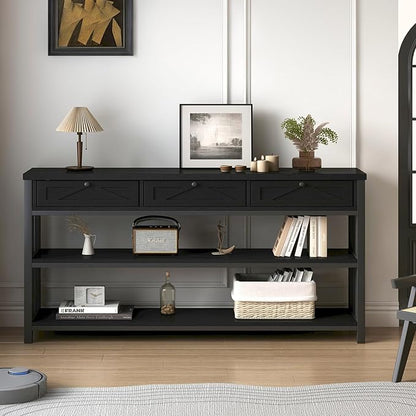 HSH Black Entryway Table with Drawers, 55” Sofa Table with Storage for Living Room, 3 Tier Console Tables with Shelves for Entrance, Wood Metal Entry Hallway Table Behind Couch, Black Oak, 55 Inch