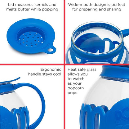 Ecolution Patented Micro-Pop Microwave Popcorn Popper with Temperature Safe Glass, 3-in-1 Lid Measures Kernels and Melts Butter, Made Without BPA, Dishwasher Safe, 1.5-Quart, Blue