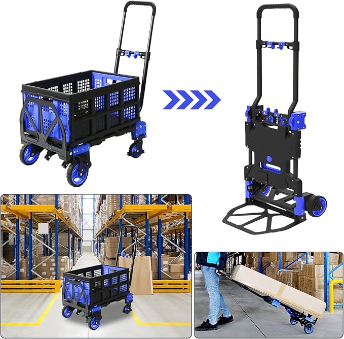 Oyoest 2 in 1 Folding Hand Truck with Folding Basket,Heavy Duty Hand Truck Dolly 330lbs Capacity with Telescoping Handle and Rubber Wheels,Portable Dolly Cart with Bungee Cords for Moving