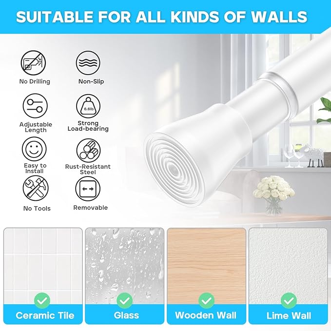 AIZESI Spring Tension Rods Adjustable Tension Curtain Rod Small Tension Rod No Drilling Expandable Spring Loaded Curtain Tension Rod (White,45" to 77"-1Pcs)