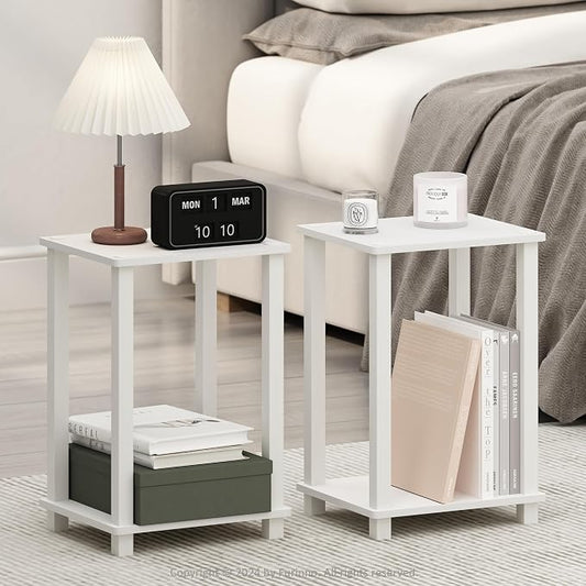 Furinno Simplistic Night Stand Set of 2, 2-Tier Small Nightstand with Open Shelf, Toolless Bedside Table, End Table, Side Table, for Bedroom, Closet, Dorm, White