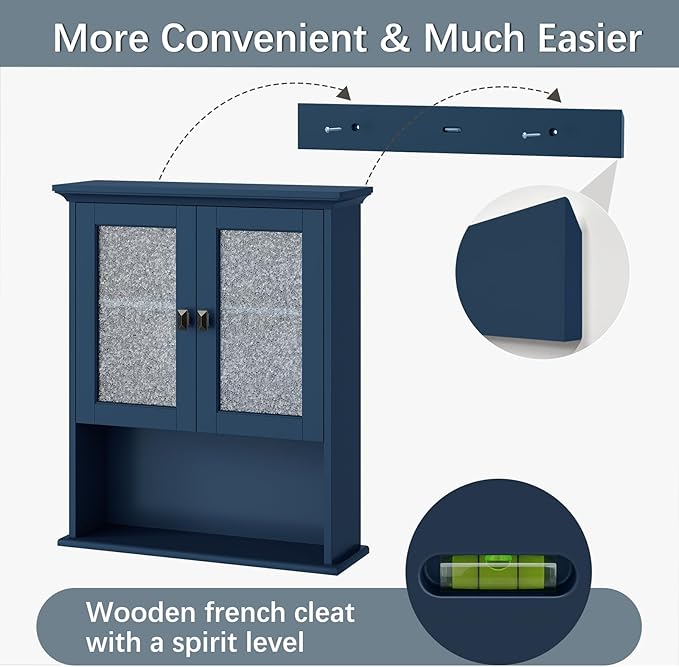Wall Mount Bathroom Storage Cabinet, Medicine Cabinet with Tempered Glass Door and Buffering Hinge Over Toilet Storage Cabinet Wall Mounted Organizer Above Toilet Storage (Ultramarine)