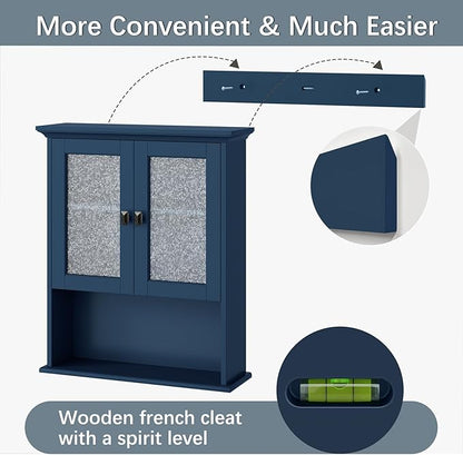 Wall Mount Bathroom Storage Cabinet, Medicine Cabinet with Tempered Glass Door and Buffering Hinge Over Toilet Storage Cabinet Wall Mounted Organizer Above Toilet Storage (Ultramarine)