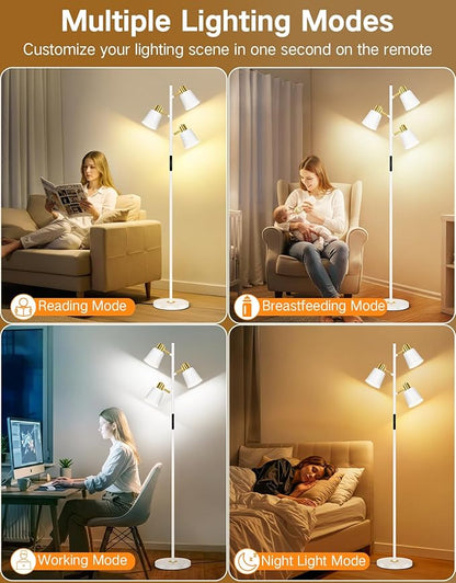OUTON LED Tree Floor Lamp, Modern Dimmable Standing Lamp with Remote & Touch Control, 4 Color Temperatures, 3 Rotatable Lights Floor Lamps for Living Room, Bedroom, Office, White & Gold