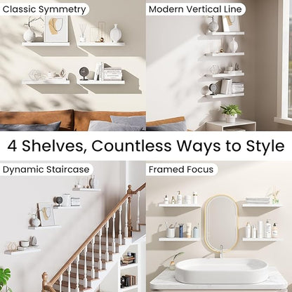 BAYKA Floating Shelves for Wall, 15.7in Wall Mounted Rustic Wood Shelves for Bathroom, Bedroom, Living Room, Kitchen, Hanging Shelf for Books/Storage/Room Decor with 22lbs Capacity (White, Set of 4)
