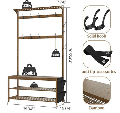 AMBIRD Hall Tree with bench and shoe storage, Entryway Bench with shoe storage, 6-in-1 Coat Rack with Cloth Bag and14 Coat Hooks, Sturdy Bamboo Frame, Large Size, Brown 39 * 15 * 70 Inches