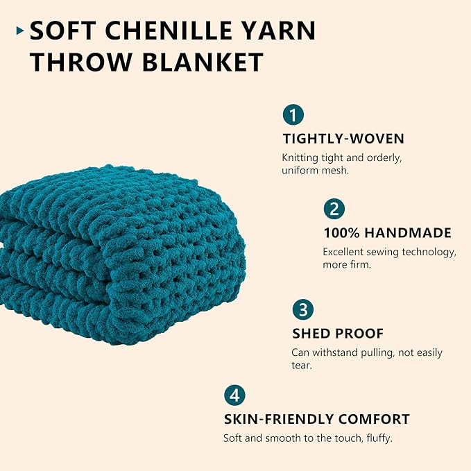 L'AGRATY Chunky Knit Blanket Throw: 60''x80'' Chenille Chunky Knitted Throw Blanket for Bed Couch - Handmade Thick Big Cable Knit Blanket - Large Crochet Rope Blankets for Home Decor(Teal)