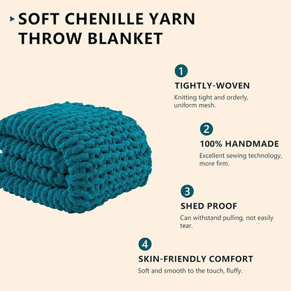 L'AGRATY Chunky Knit Blanket Throw: 60''x80'' Chenille Chunky Knitted Throw Blanket for Bed Couch - Handmade Thick Big Cable Knit Blanket - Large Crochet Rope Blankets for Home Decor(Teal)