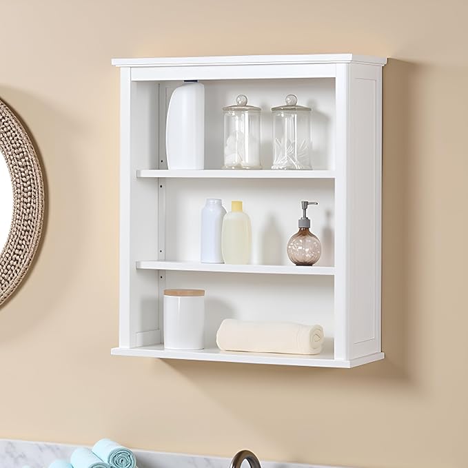 Dorset Wall Mounted Bath Storage Cabinet, 27 in. W x 29 in. H, White, Two Open Shelves, Zinc Metal Hinges, Easy Mount French Cleat System, Ideal for Bathroom Organization and Space Saving