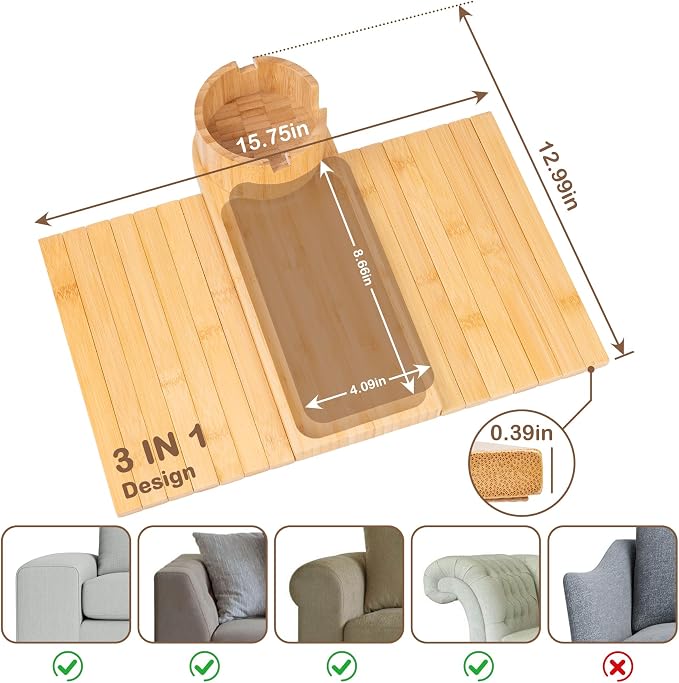 Couch Cup Holder Tray for Armrests Over 4.9" Wide, Bamboo Couch Arm Tray with 360° Rotating Phone Stand, 3 in 1 Foldable Sofa Arm Tray Table for Remote, Snacks, Phone, Drinks Natural
