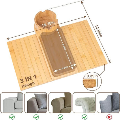 Couch Cup Holder Tray for Armrests Over 4.9" Wide, Bamboo Couch Arm Tray with 360° Rotating Phone Stand, 3 in 1 Foldable Sofa Arm Tray Table for Remote, Snacks, Phone, Drinks Natural