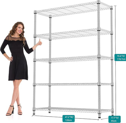 M MZG 1750LBS 47.2" W 5 Tiers Shelf Steel Storage Shelves Metal Shelving Unit Steel Organizer Wire Rack for Home,Kitchen,Office,Garage Chrome 17.7" D x 47.2" W x 72.4" H