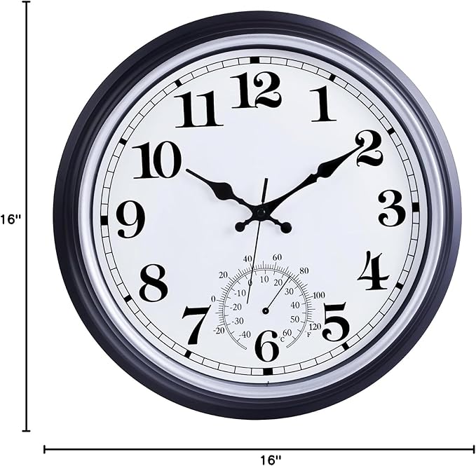 16 Inch Large Outdoor Clock, Retro Waterproof Indoor/Outdoor Clock Non-Ticking Clock with Thermometer, Battery Operated Wall Clock for Patio, Garden, Pool - Black