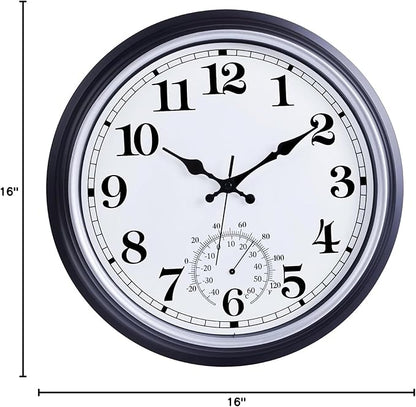 16 Inch Large Outdoor Clock, Retro Waterproof Indoor/Outdoor Clock Non-Ticking Clock with Thermometer, Battery Operated Wall Clock for Patio, Garden, Pool - Black