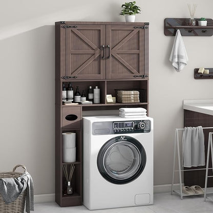 Vabches Over The Toilet Storage Cabinet, Farmhouse Storage Cabinet Over Toilet with 2 Barn Doors && Toilet Paper Holder Stand，Home Space-Saving Toilet Rack, for Laundry, Restroom, Bathroom.(Espresso)