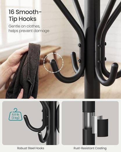 SONGMICS Coat Rack Freestanding with 16 Hooks, Metal Coat Tree Stand with 4 Adjustable Feet, Clothes Hanger Stand for Entryway Bedroom Living Room Hallway Office, Ink Black URCR083BH01S
