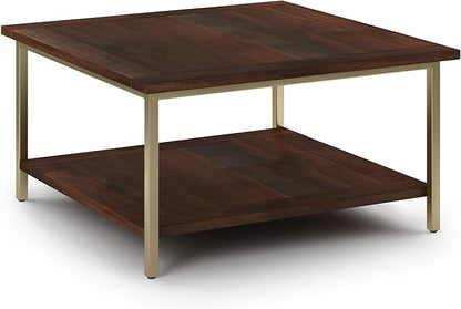 SIMPLIHOME Skyler SOLID MANGO WOOD and Metal 34 inch Wide Square Industrial Coffee Table in Dark Brown / Gold for the Living Room and Family Room