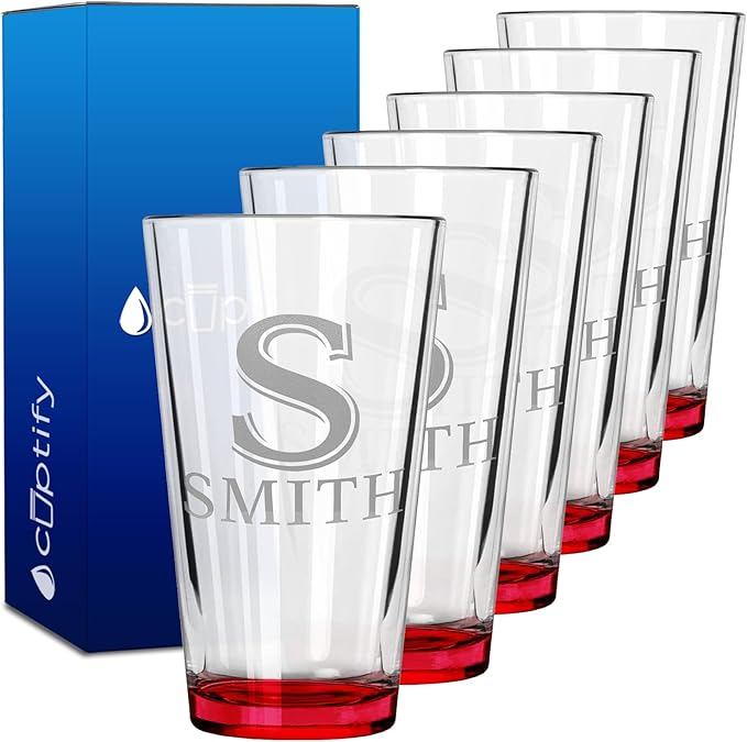 Personalized Beer Glasses Set of 6 Engraved Red 16oz Pint Glasses for Men & Women, Custom Drinking Gift for Birthdays, Weddings, Father’s Day & More