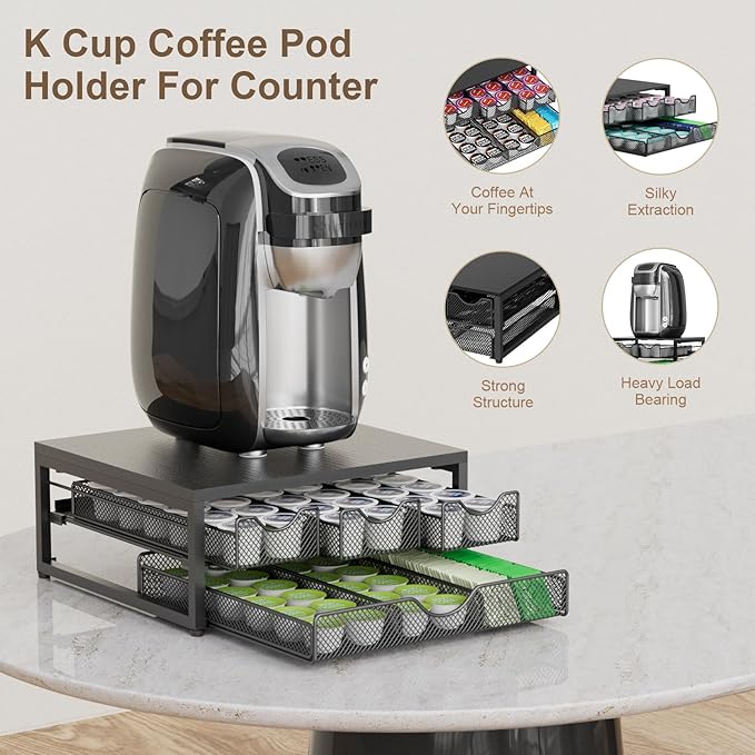 Coffee Pod Holder For Counter, 3 Pull-Out 72 K-Cup Holder Drawer, Wooden Cafe Pods Storage Organizer with Sliding Drawers for Coffee Station, Home, Kitchen, Office, Dorm (Black)