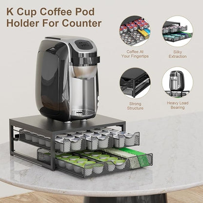Coffee Pod Holder For Counter, 3 Pull-Out 72 K-Cup Holder Drawer, Wooden Cafe Pods Storage Organizer with Sliding Drawers for Coffee Station, Home, Kitchen, Office, Dorm (Black)