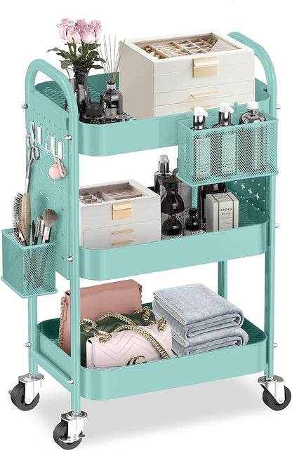 ALVOROG 3 Tier Rolling Cart with DIY Pegboards Metal Utility Cart with Wheels Handles Baskets Hooks, Craft Cart for Office Kitchen Bathroom(Tiffany Blue)