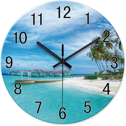 XFM Blue Beach Wall Clock 16 Inch Silent Wall Clocks Battery Operated Coastal Nautical Clock Decorative for Living Room Bedroom Bathroom