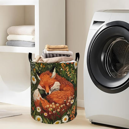 Sleeping Red Fox in Wildflowers Laundry Basket with Handles, 19.7"x15.7" Clothes Foldable Laundry Hamper Organizer for Dorm Nursery Bedroom Bathroom Decor, Toy Storage Bin for Kids