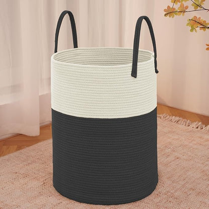 JMvicyroam Large Woven Laundry Basket Hamper,100L Cotton Rope Storage Bin for Blankets,Toys and Clothes,Decorative Tall Nursery Hamper for Living Room,Baby Nursery,Bathroom and Bedroom,White and Black