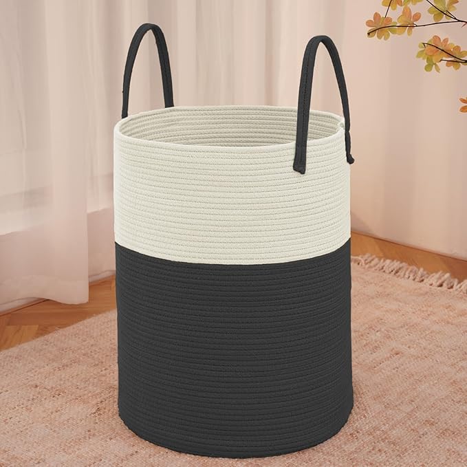 JMvicyroam Large Woven Laundry Basket Hamper,60L Cotton Rope Storage Bin for Blankets,Toys and Clothes,Decorative Tall Nursery Hamper for Living Room,Baby Nursery,Bathroom and Bedroom,White and Black