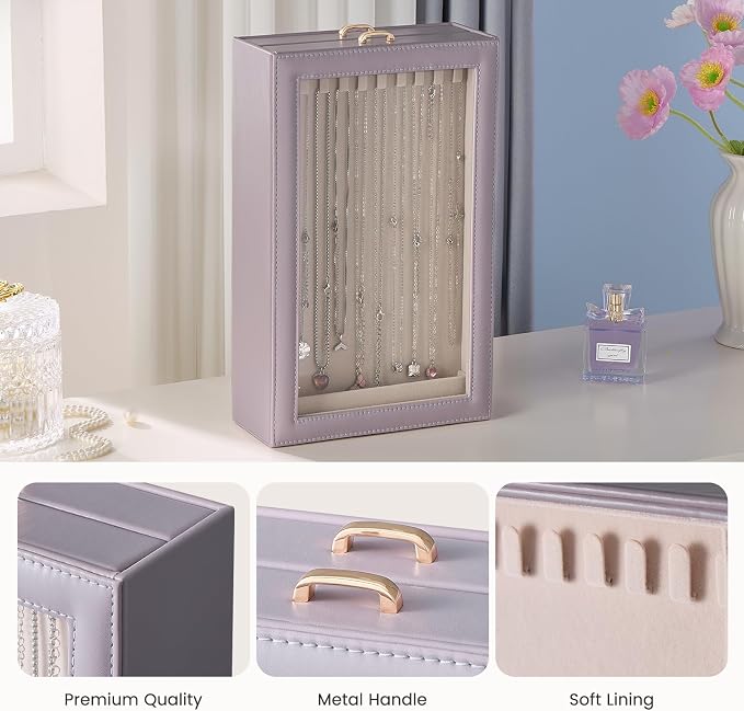 Lolalet Necklace Organizer Box, Jewelry Storage Box with Clear Window for Necklaces Bracelets, Tangle-Free Necklace Display Case for Women Girls, Dusty Purple, 2 Layers 20 Hooks