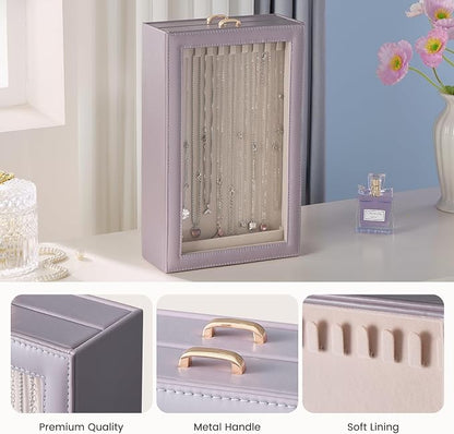Lolalet Necklace Organizer Box, Jewelry Storage Box with Clear Window for Necklaces Bracelets, Tangle-Free Necklace Display Case for Women Girls, Dusty Purple, 2 Layers 20 Hooks