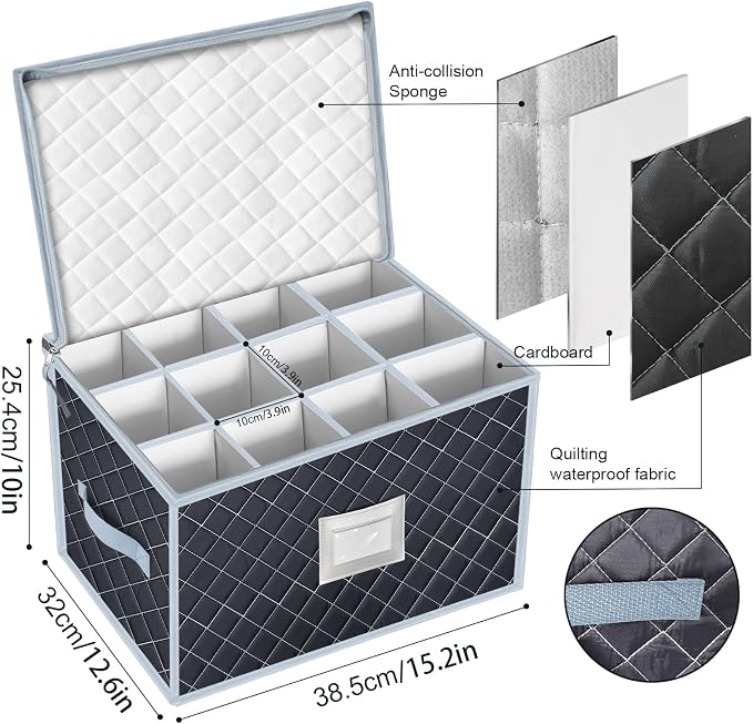 Wine Glass Storage Box with Dividers Holds 24 Stemware Storage Cases or China Crystal Glassware Containers with Handles and Lable Window (15.5" x 12.5"x10")-Set of 2 Grey
