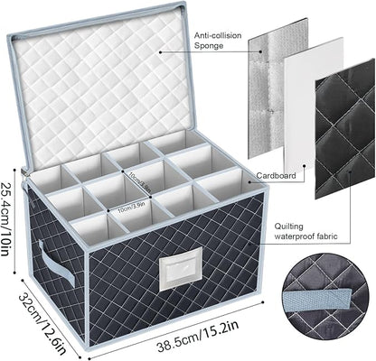 Wine Glass Storage Box with Dividers Holds 24 Stemware Storage Cases or China Crystal Glassware Containers with Handles and Lable Window (15.5" x 12.5"x10")-Set of 2 Grey