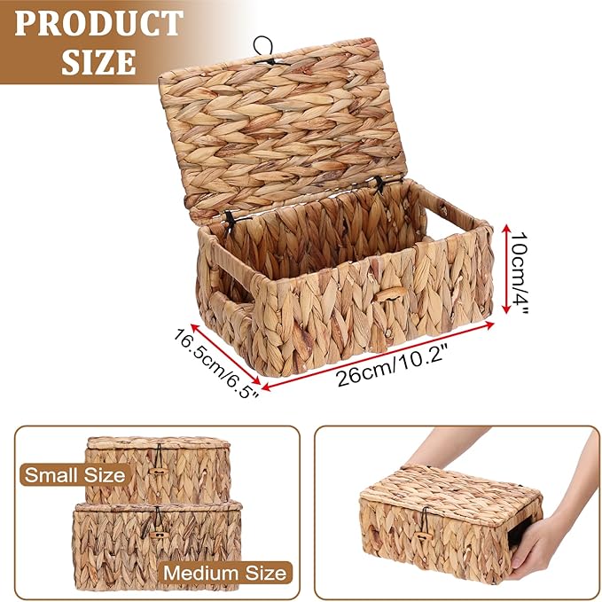 Sumnacon Storage Basket with Lid, Water Hyacinth Shelf Baskets for Organizing, Farmhouse Bathroom Woven Bins for Tampons and Pads, Toilet Paper, Towels,Decorative Organizer Box for Counter, Vanity (S)