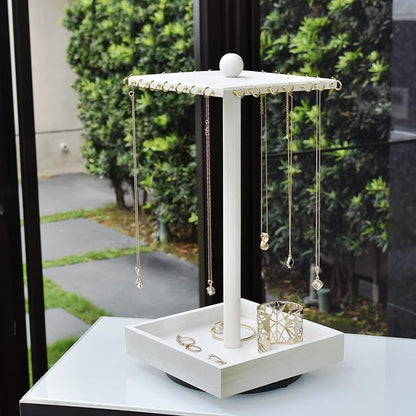 Ikee Design 2 Pcs Set Wooden Rotating Jewelry Display Stand Tower for Shows,Jewelry Organizer for Necklace and Bracelet, Rotating Necklace and Bracelet Holder Organizer,White Color