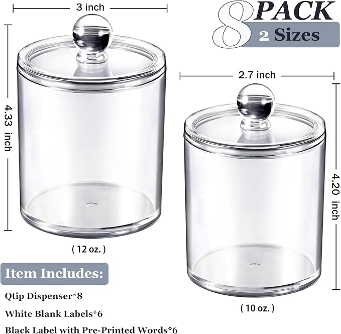 SheeChung 8 Pack Clear Acrylic Apothecary Jars with Labels,(4) 12oz & (4) 10oz Qtip Holder Set,Shatterproof Bathroom Vanity Organizer for Cotton Swabs,Balls,Pads,Bathroom Essentials,Minimalist Decor