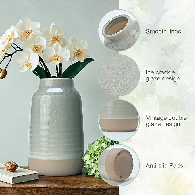 Ceramic Vase Flowers Vase Decorative Crackled Double Glaze Vase for Pampas Grass Modern Vase for Home Living Room Dining Table Farmhouse Office Decor (No Flowers)