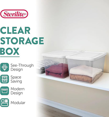 Sterilite 18 Pack Storage Boxes, Clear Plastic Stackable Containers, Lightweight Home Organizers with Snap Lids, 20 Quart, White