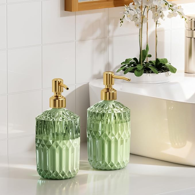 AmazerBath Soap Dispenser, 2 Pack Green Glass Soap Dispenser with Pump Stainless Steel, 14.2OZ Luxury Gold Hand Soap Bottles Bathroom Kitchen