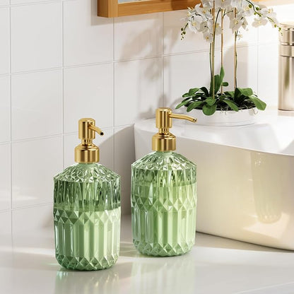 AmazerBath Soap Dispenser, 2 Pack Green Glass Soap Dispenser with Pump Stainless Steel, 14.2OZ Luxury Gold Hand Soap Bottles Bathroom Kitchen