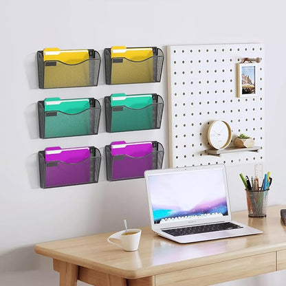 samstar 6 Pack Mesh Wall Mounted File Holder Metal Wall File Pocket Mail Organizer for Office/Home(with Label Panel)