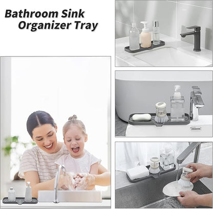 MicoYang Silicone Soap Dish with Drain Spout — Self-Draining Double Sink Organizer Tray for Kitchen & Bathroom, Dispensers, Sponges & Soap Holder, Non-Slip & Dishwasher Safe, Grey (Large, 12"×4")