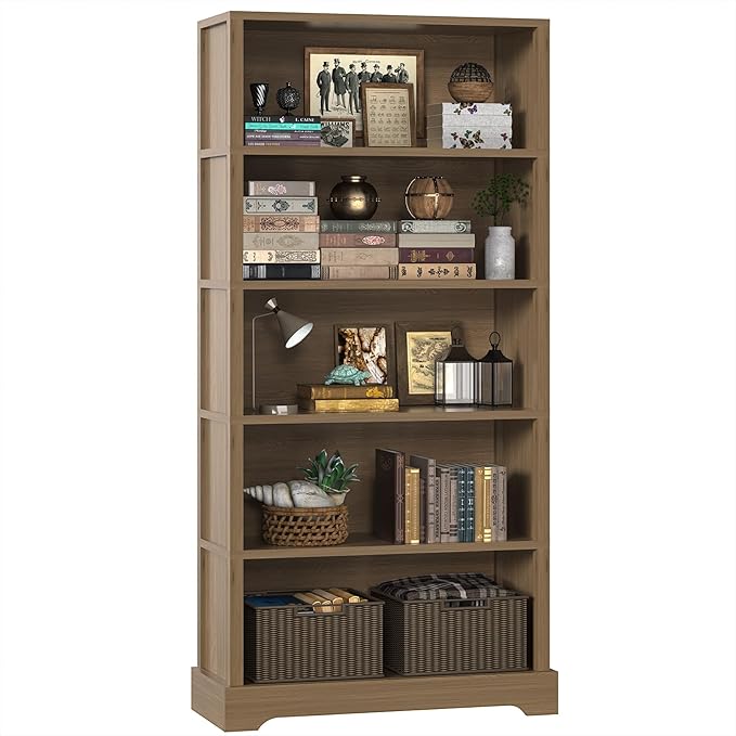 TVU 5-Tier Wooden Bookshelf, 65" Tall Farmhouse Style Open Bookcase, 31.5" W Standing Book Shelf with Storage, Suitable for Study, Living Room, Office, Teak