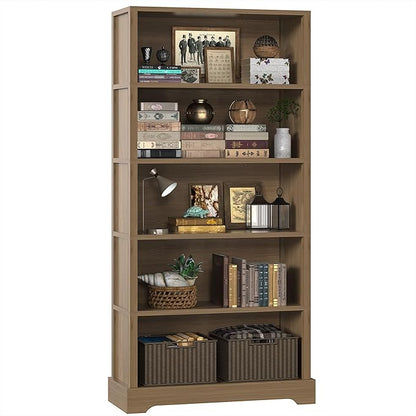 TVU 5-Tier Wooden Bookshelf, 65" Tall Farmhouse Style Open Bookcase, 31.5" W Standing Book Shelf with Storage, Suitable for Study, Living Room, Office, Teak