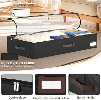 OIAHOMY 2 Pack Under Bed Storage with 4 Compression Bags, Underbed Organizers for Bedroom & Closet, Fits Beds Higher than 5.9", Space-Saving for Seasonal Clothes, Blankets & Shoes - Black
