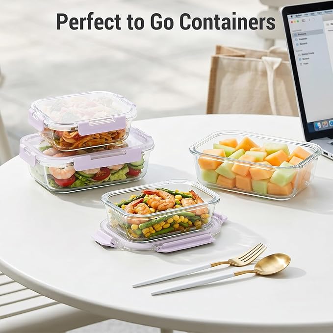 Dealusy 10 Sets (20-Piece) 4.5 Cup & 1.5 Cup Glass Food Storage Containers with lids, Airtight Leak-proof Glass Meal Prep Containers with Lids, Microwave Oven Freezer Dishwasher Safe, Purple