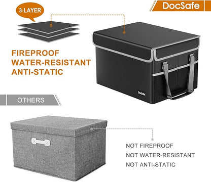DocSafe File Box Fireproof File Storage Organizer with Lid,Collapsible Document Storage Filing Case for Hanging Letter/Legal Folders,Portable Home Office Safe Cabinet with Handle,Black,2 Pack