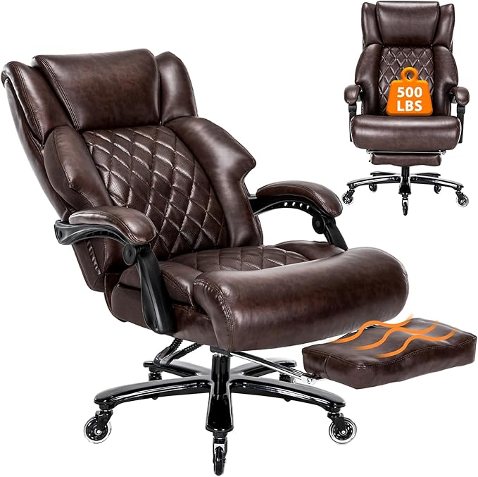500 LBS Big and Tall Office Chair with Foot Rest High Back Recline Ergonomic Chair for Heavy People, Executive Office Chair Comfortable for Home Office, Large Computer Desk Chair Brown